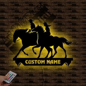Personalized Cowboy And Cowgirl Metal Wall Art LED Light, Riding Horses Metal Sign, Metal Wild West Wall Decor