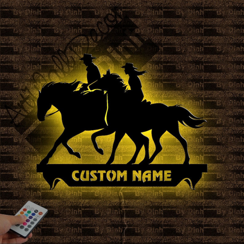 Personalized Cowboy and Cowgirl Metal Wall Art LED Light, Riding Horses