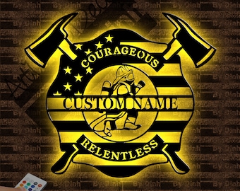 Luz LED de arte de pared de metal del departamento de bomberos personalizada, Letrero de metal de bombero, Decoración del hogar de pared del departamento de bomberos, Letrero con nombre de bombero, Regalo de bombero
