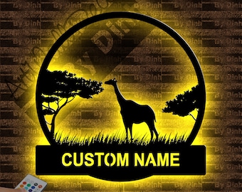 Custom Giraffe Metal Wall Art LED Light, Giraffe Metal Sign, Wildlife Giraffe Name Sign, Africa Wall Hanging Decor, Giraffe Gift