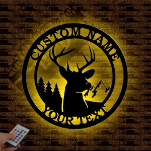 Personalisierte Deer Metallwandkunst, kundenspezifisches Deer-Namensschilddekor, Rehmetall-LED-Dekor, Deer-Kunstwand