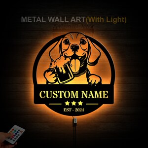 Custom Funny Beagle Dog Metal Sign LED Light Home Bar Name Sign Man Cave Metal Wall Art Beer Bar Home Decor Dog Beer Lover Decoration
