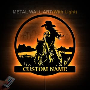 Custom Cowgirl Horse Riding Metal Wall Art Led Light, Personalized Cowgirl Name Sign, Horse Riding Metal Sign, Cowgirl Gift