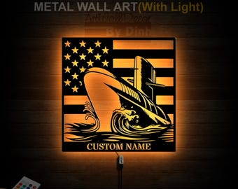 Personalized Submarine Metal Wall Art LED Light Submarine Metal Sign Submarine Name Sign Patriotic Home Decor Veteran Gifts