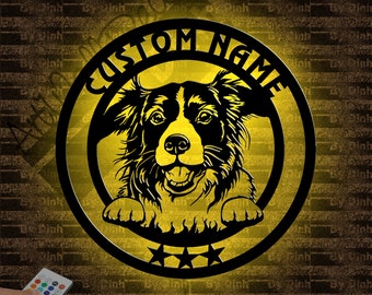 Luz LED personalizada del letrero del metal del perro del Border Collie, arte de la pared del metal del Border Collie, letrero del animal doméstico, arte divertido de mirar a escondidas