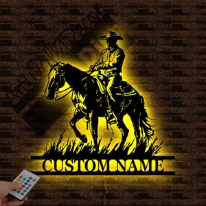 Custom Cowboy Metal Wall Art LED Light, Personalized Cowboy Metal Sign, Cowboy Wall Hanging Decoration, Horse Cowboy Gift, Cowboy Name Sign