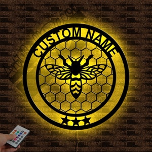 Custom Bee Honeycombs Metal Sign LED Light, Beehive Metal Wall Art, Bee Home Decor, Bee Lover Gift, Bee Farm Name Sign