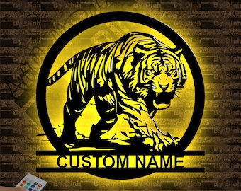 Letrero de metal de tigre personalizado con luz LED, Letrero con nombre de amante del tigre, Colgante de pared de animal salvaje, Decoración del hogar Vida silvestre, Regalo de tigre