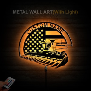 Panneau en métal personnalisé pour moissonneuse-batteuse, lumière LED, ferme, art mural en métal, nom de tracteur agricole, décoration murale pour moissonneuse-batteuse, décoration murale, cadeau pour fermier
