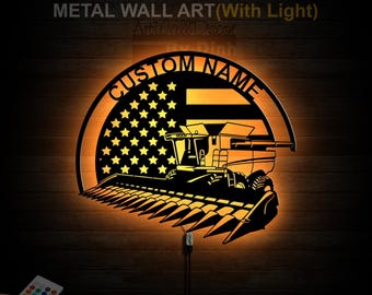 Personalized Harvester Metal Sign LED Light Harvester Farm Metal Wall Art Farm Tractor Name Sign Combine Harvester Wall Decor Farmer Gift