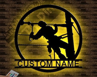 Personalized Lineman Metal Wall Art LED Light, Lineman Metal Sign, Metal Lineman Wall Decor,Lineman Led Art