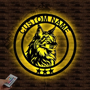 Benutzerdefinierte Maine Coon Cat Metallschild LED-Licht, Katzenmetallwandkunst, Katzenwandbehang Dekor, Katzenliebhabergeschenk, Katzennamenschild