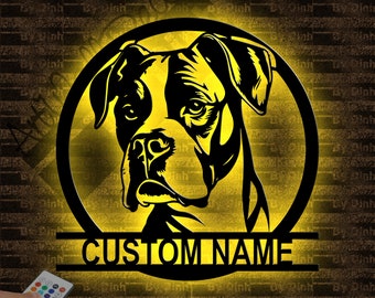 Luz LED personalizada del letrero del metal del perro del boxeador, signo del nombre del amante del perro del boxeador, colgante de la pared del perro del boxeador, regalo de cumpleaños del perro