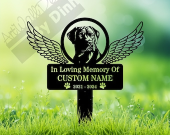 May include: Black metal memorial garden stake with a silhouette of a dog with angel wings and the text "In Loving Memory Of CUSTOM NAME 2021-2024".