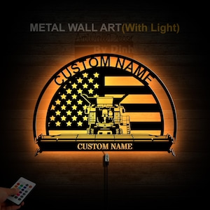 Décoration murale personnalisée en métal pour moissonneuse-batteuse, lumière LED, signe de la ferme en métal, nom du tracteur, décoration murale de la moissonneuse-batteuse, cadeaux de la ferme