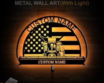 Personalized Harvester Metal Wall Art LED Light Harvester Farm Metal Sign Farm Tractor Name Sign Combine Harvester Wall Decor Farm Gifts