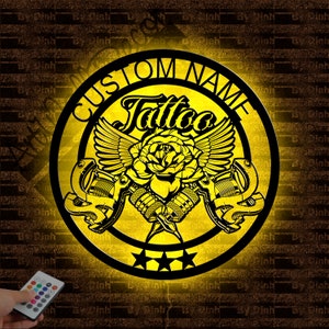 Custom Tattoo Metal Wall Art LED Light, Tattoo Metal Sign, Tattoo Artist Name Sign, Tattoo Wall Hanging Decor, Tattoo Artist Gift