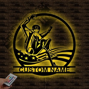 Letrero de metal de monopatín personalizado con luz LED, Arte de pared de metal de monopatín, Letrero con nombre de monopatín, Decoración colgante de pared de monopatín