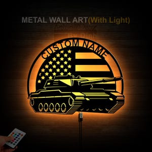 Personalized US Military Tank Metal Wall Art LED Light Battle Tank Metal Sign Army Tank Name Sign Patriotic Home Decor Veteran Gifts