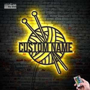 Custom Ball Yarn Metal Wall Art with LED Light Personalized Knitting Name Sign Home Decor Crochet Knit Hook Decoration Birthday Xmas