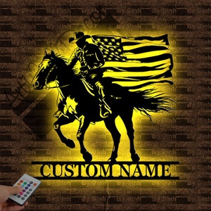 Custom American Cowboy Metal Wall Art LED Light, Cowboy Man Metal Sign, Cowboy Wall Hanging Decoration, Horse Cowboy Gift, Cowboy Name Sign