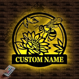Custom Bee Flower Metal Sign LED Light, Bee Metal Wall Art, Bee Wall Hanging Decor, Bee Lover Gift, Bee Farm Name Sign