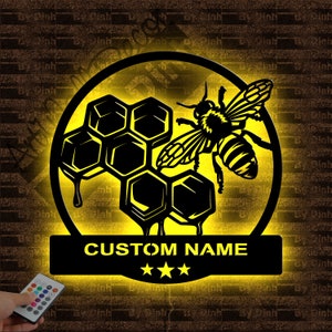 Personalized Beehive Metal Sign LED Light, Bee Honeycombs Metal Wall Art, Bee Home Decor, Bee Lover Gift, Bee Farm Name Sign