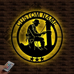 Custom Lineman Worker Metal Sign LED Light, Lineman Metal Wall Art, Custom Lineman Name Sign, Lineman Wall Hanging Decor, Dad Gift