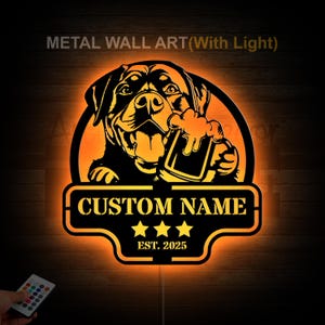 Custom Rottweiler Dog Metal Wall Art LED Lights Rottweiler Home Bar Metal Signs Rottweiler Wall Decor Dog Wall Hanging Dog Name Sign
