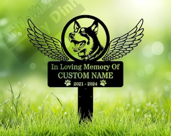 May include: Black metal garden memorial with a dog silhouette, angel wings, and the text "In Loving Memory Of CUSTOM NAME 2021 - 2024".