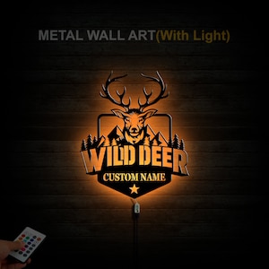 Custom Deer Hunting Metal Wall Art LED Light, Deer Hunter Metal Sign, Deer Wall Hanging Decoration, Father Day Gift, Hunter Gifts