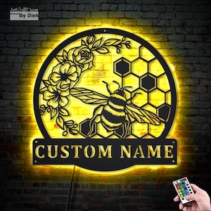Honey Bee Garden Metal Wall Art LED Light Personalized Beekeeper Name Sign Home Decor for Bee Lovers, Beekeepers, Nature Lovers,Housewarming