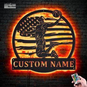US Flag Basketball Player Personalized Metal Sign With LED Custom Player Lover Sign - Decor Kid Boy Decoration Birthday Christmas Gift