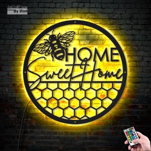 Home Sweet FLORAL Bee Metal Wall Art LED Light  Beekeeper Name Sign Home Decor for Bee Lovers, Beekeepers, Nature Lovers ,Housewarming