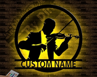 Luz LED personalizada del signo del metal del jugador del violín, arte de la pared del metal del violín, instrumento musical, signo del nombre del violín, decoración de la sala de música