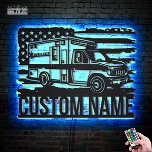 Custom US EMS Rescue Squad Truck Driver Metal Wall Art LED Light Personalized Emergency Ambulance Paramedics Vehicle Name Sign Home Decor