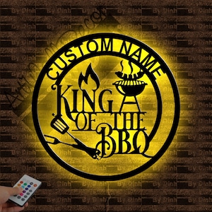 Custom Barbecue Metal Sign LED Light, Backyard BBQ Metal Wall Art, Grill And Chill Name Sign, Barbecue Wall Hanging Decor