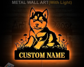 Placa de metal personalizada para cachorro Husky, luzes LED, placa de metal para cachorro Husky, placa com nome para cachorro Husky Siberiano, decoração de parede para Husky Siberiano Neon