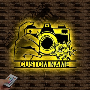 Personalized Floral Camera Metal Sign LED Light, Custom Photographer Name Sign, Photography Metal Wall Art, Camera Wall Hanging