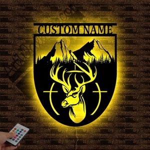 Personalized Deer Hunting Metal Wall Art LED Light, Deer Hunter Metal Sign, Deer Wall Hanging Decoration, Father Day Gift