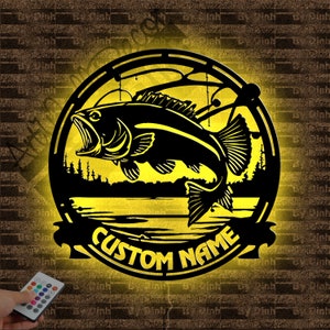 Custom Bass Fishing Metal Wall Art LED Light, Fishing Club Metal Sign, Fishing Wall Decor, Custom Fishing Gift