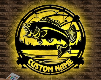 Custom Bass Fishing Metal Wall Art LED Light, Fishing Club Metal Sign, Fishing Wall Decor, Custom Fishing Gift