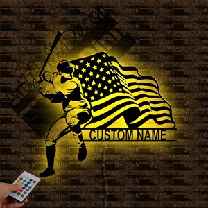 Luz LED personalizada del letrero de metal de la bandera de EE. UU. de béisbol, arte de pared de metal de béisbol, letrero de nombre de béisbol, decoración colgante de pared de béisbol, regalo de béisbol