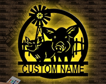 Personalized Pig Metal Sign LED Light, Custom Pig Farmhouse Name Sign, Funny Pic Metal Wall Art, Pig Wall Hanging Decor