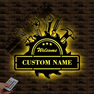 Personalized Mechanic Tools Metal Sign LED Light, Workshop Metal Wall Art, Service Tools Name Sign, Garage Wall Hanging Decor