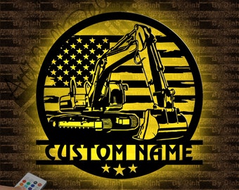Personalized Excavator Metal Wall Art LED Light, Us Excavator Metal Sign, Excavator Sign, Heavy Equipment Sign