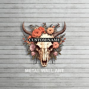 Personalized Flowers Cow Skull Metal Wall Art Floral Cow Skull Wall Decor Boho Home Decor Cow Skull Metal Sign Cow Skull Wall Hanging