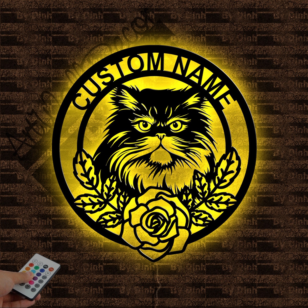 Custom Persian Cat Metal Sign LED Light, Cat Metal Wall Art, Cat Wall