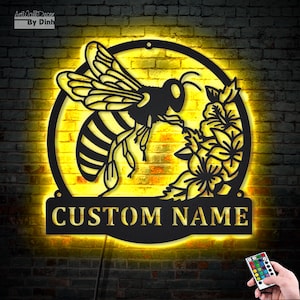 Custom Queen Bee Metal Wall Art LED Light Personalized Beekeeper Name Sign Home Decor for Bee Lovers, Beekeepers, Nature Lovers, Christmas