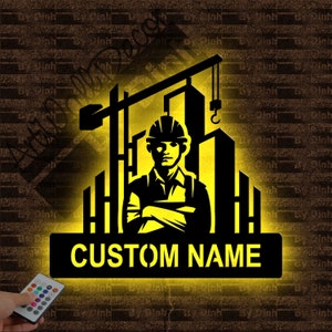 Personalized Construction Metal Sign LED Light, Construction Worker Metal Wall Art, Construction Name Sign, Construction Wall Hanging Decor